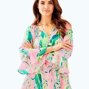 Lilly Pulitzer Willa Flounce Sleeve Top in Chimpoiserie Print New Size L